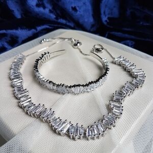 Swarovski Elements 925 Sterling Silver Adjustable Baguette Tennis Necklace NEW